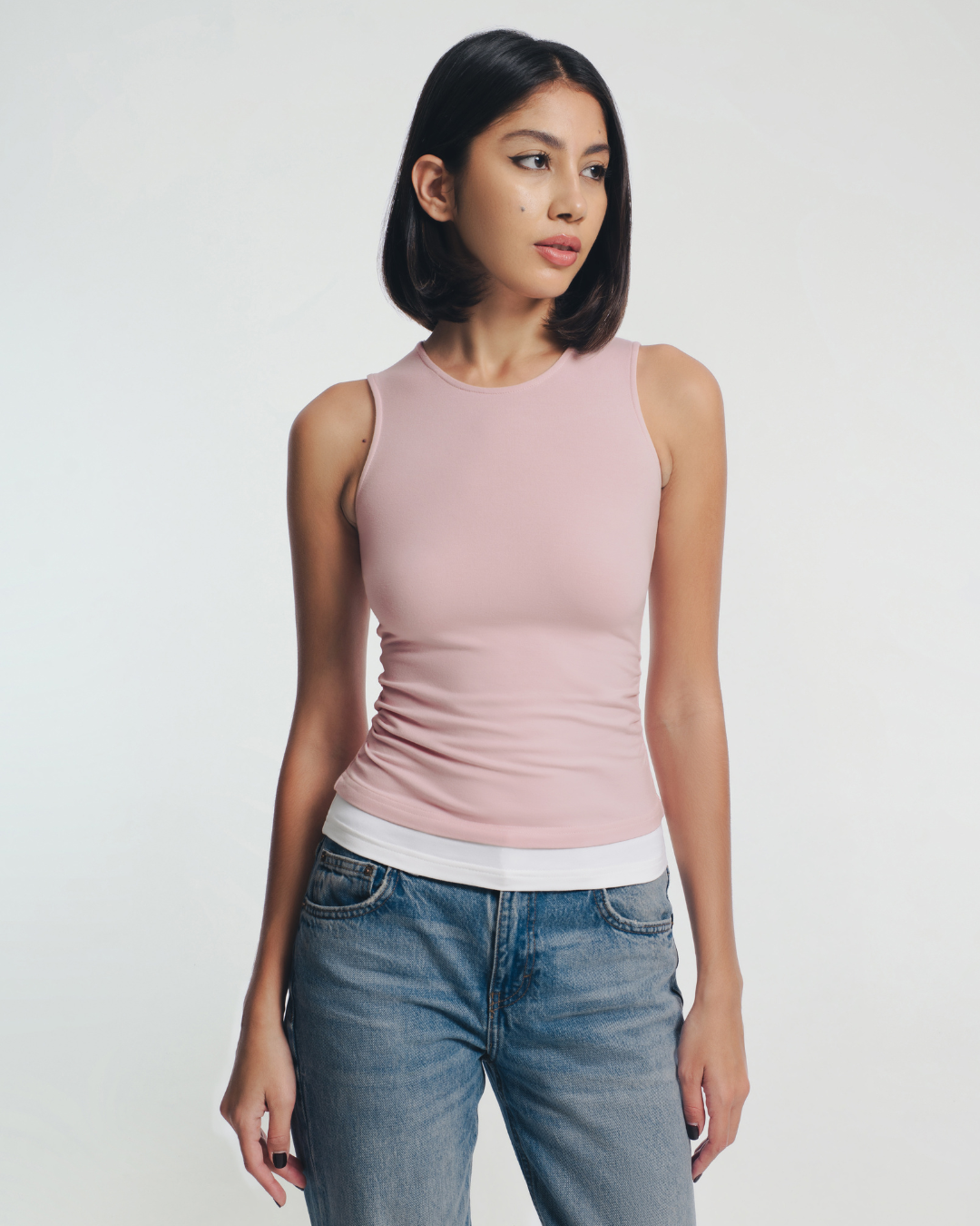 Daria White Trim Ruched Sleeveless Top