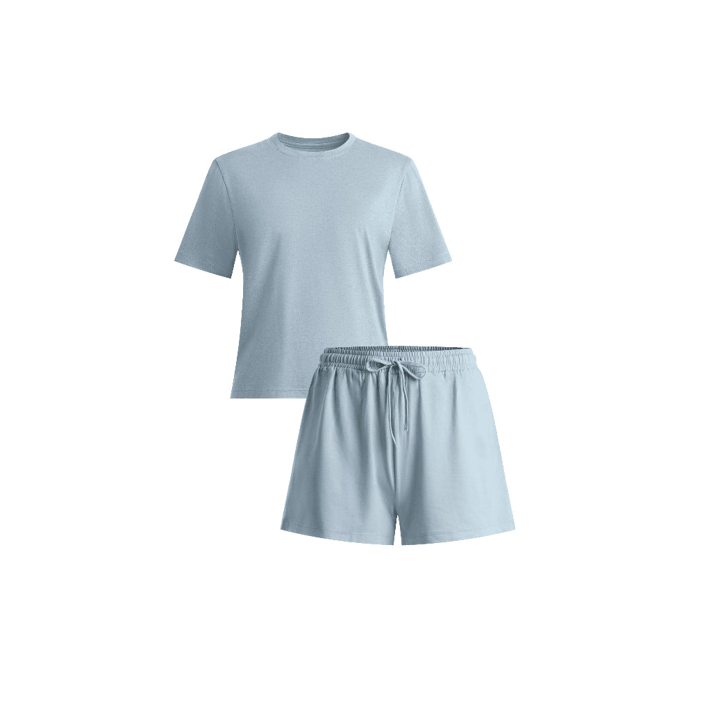 Crewneck Short Sleeve T-Shirt Pajamas Set with Built-in Bra