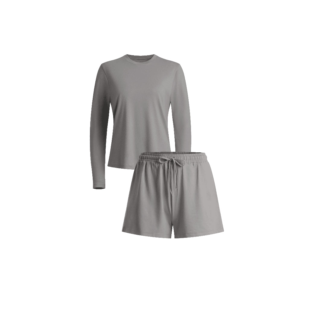 Long Sleeve Crewneck T-Shirt Pajamas Set with Built-in Bra