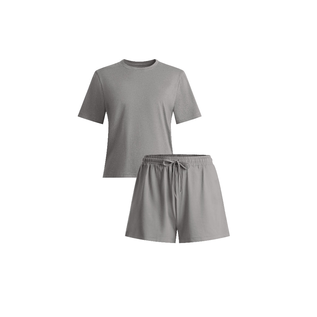 Crewneck Short Sleeve T-Shirt Pajamas Set with Built-in Bra