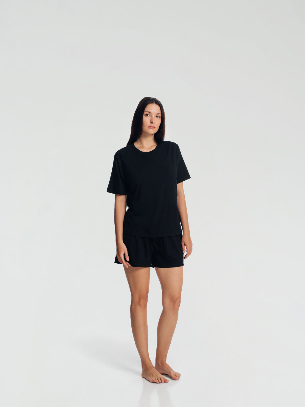 Crewneck Short Sleeve T-Shirt Pajamas Set with Built-in Bra