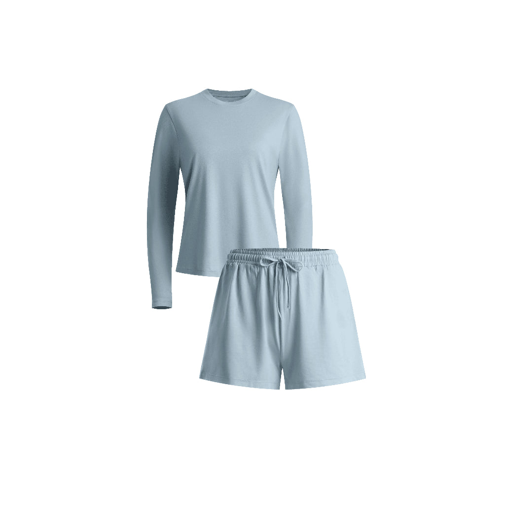 Long Sleeve Crewneck T-Shirt Pajamas Set with Built-in Bra