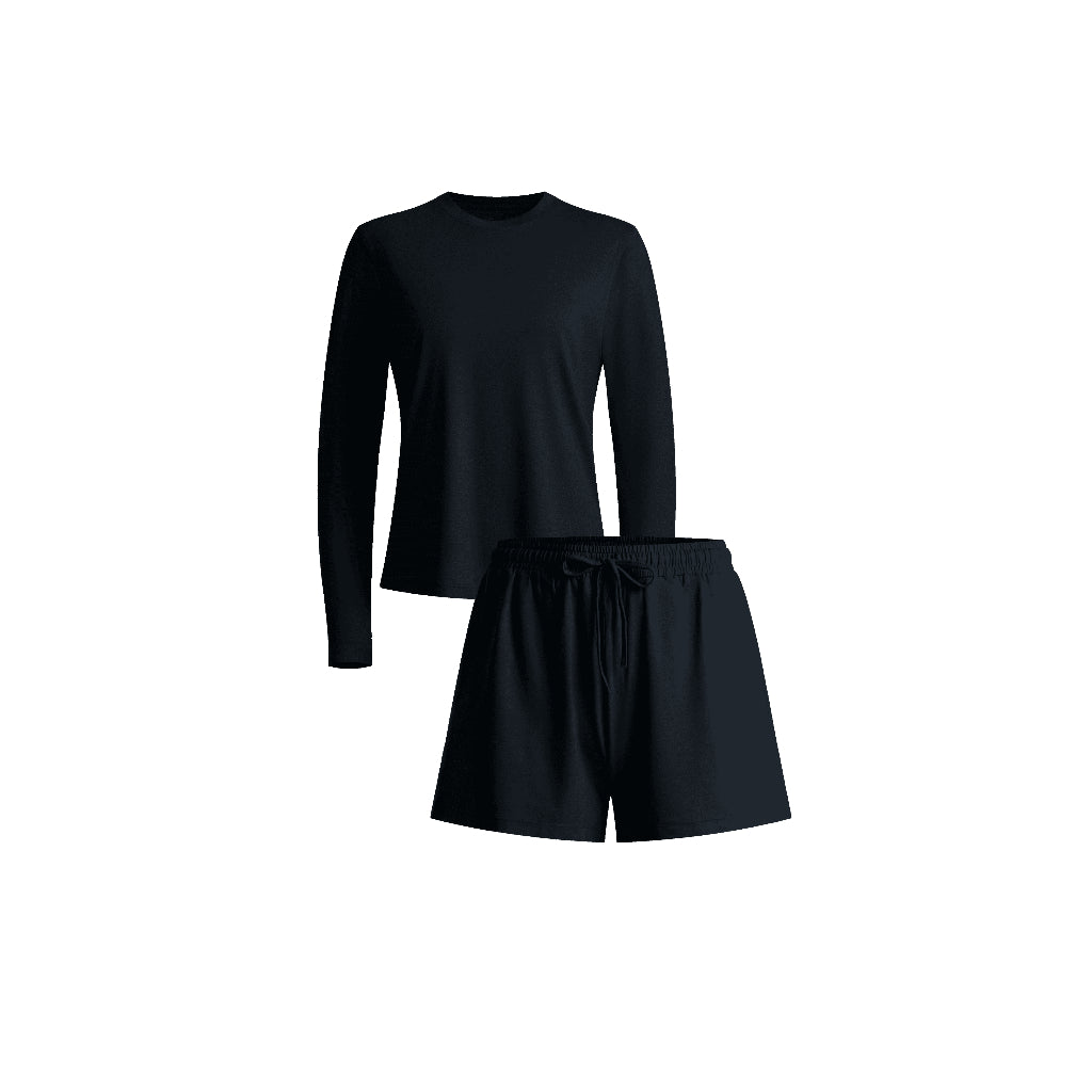 Long Sleeve Crewneck T-Shirt Pajamas Set with Built-in Bra