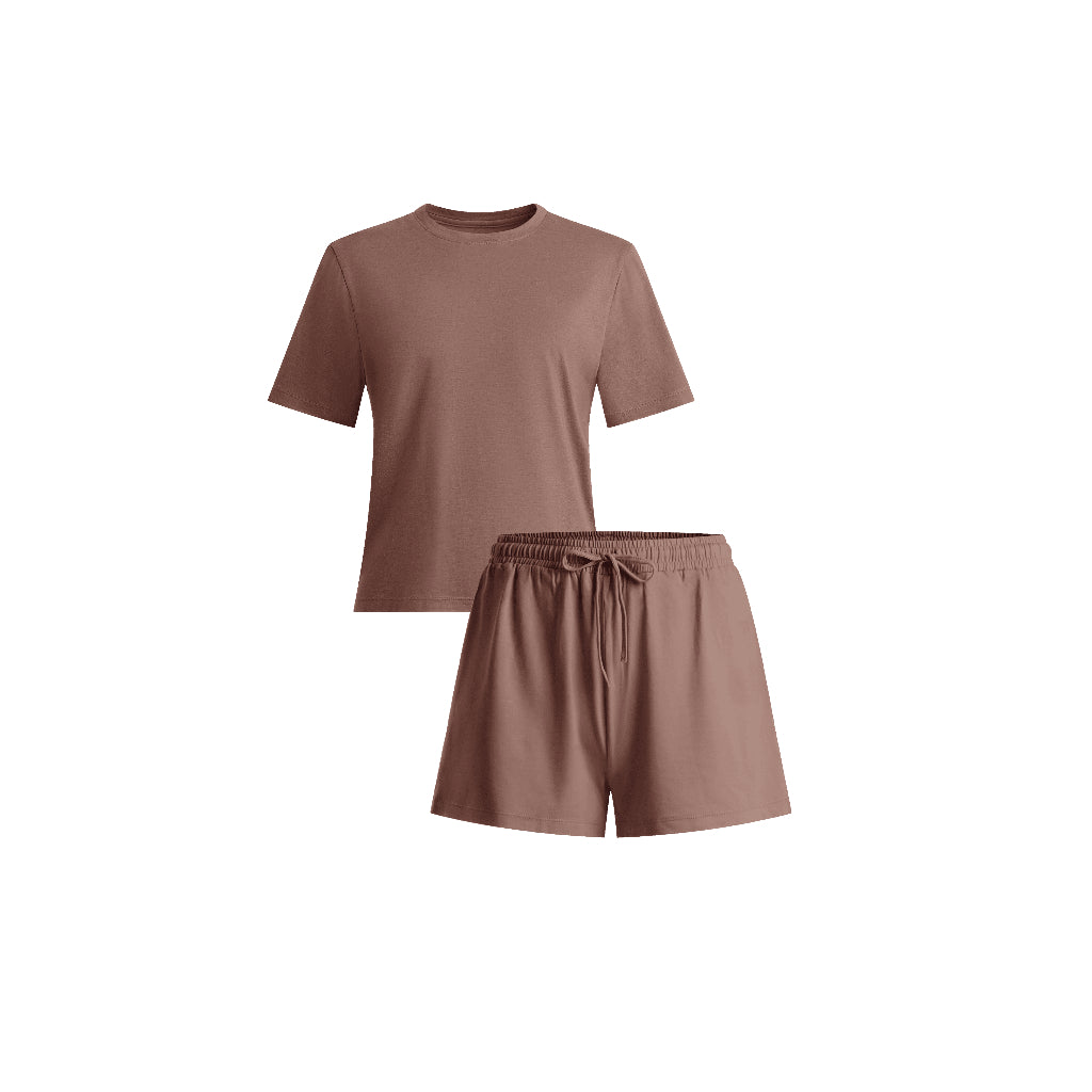 Crewneck Short Sleeve T-Shirt Pajamas Set with Built-in Bra