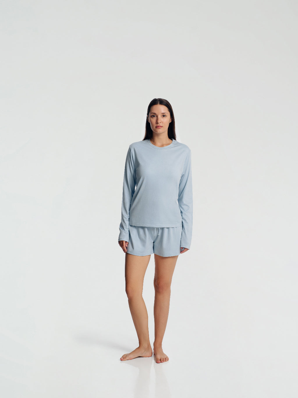 Long Sleeve Crewneck T-Shirt Pajamas Set with Built-in Bra