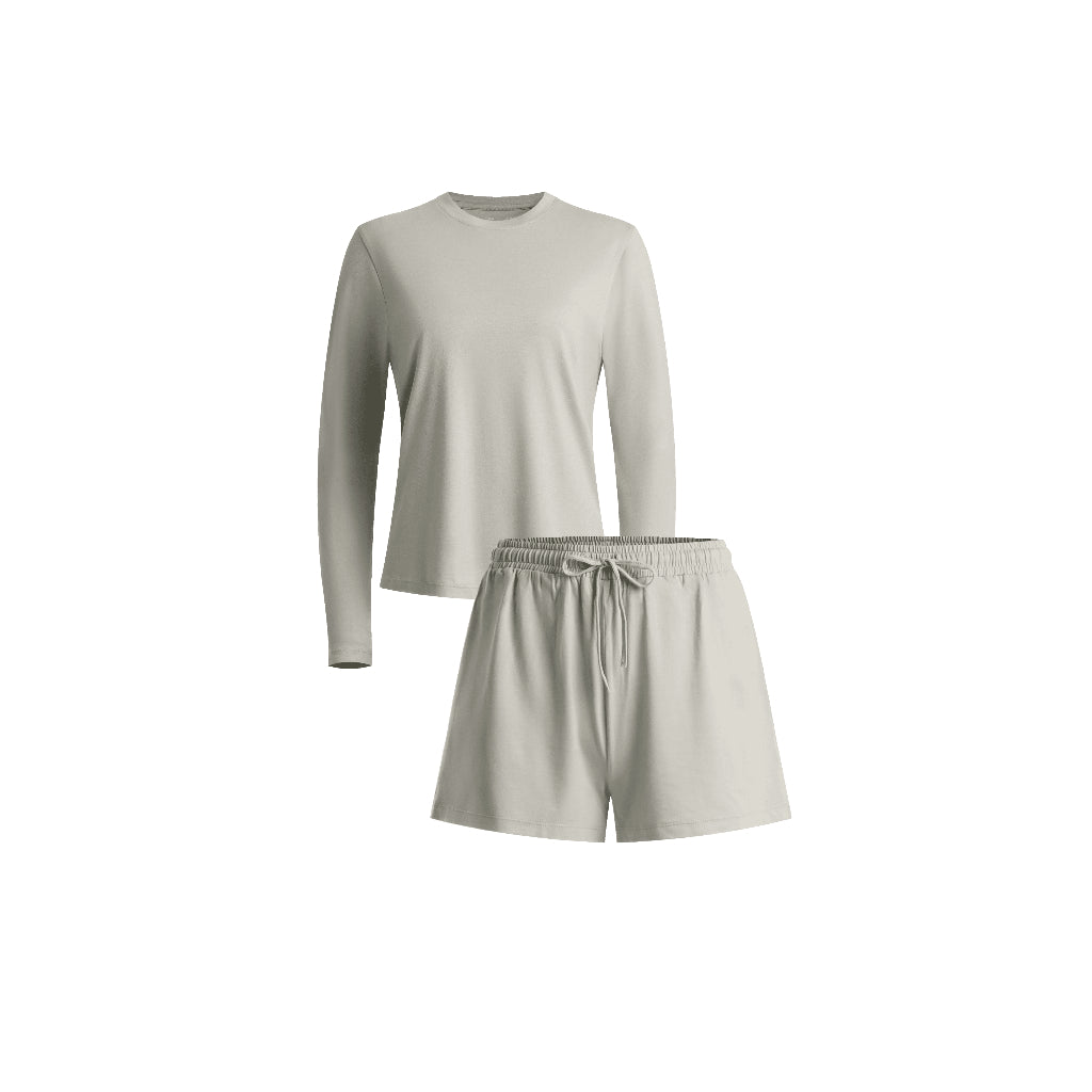 Long Sleeve Crewneck T-Shirt Pajamas Set with Built-in Bra