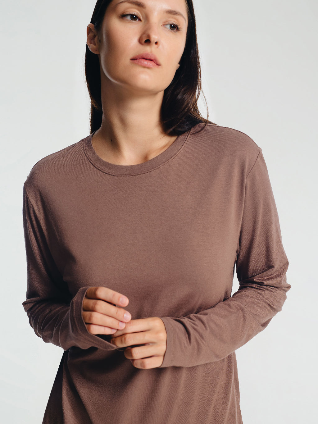 Long Sleeve Crewneck T-Shirt Pajamas Set with Built-in Bra