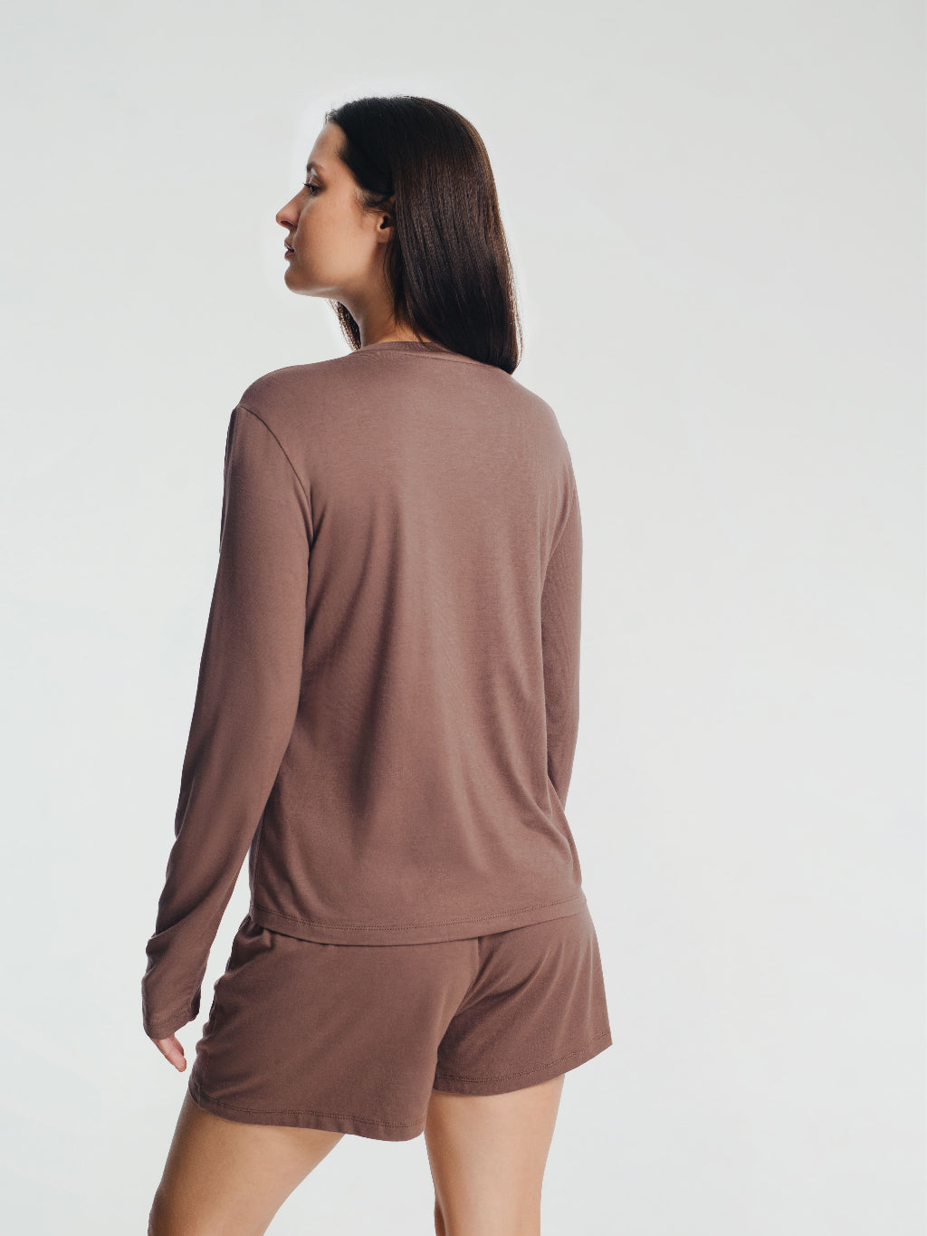 Long Sleeve Crewneck T-Shirt Pajamas Set with Built-in Bra