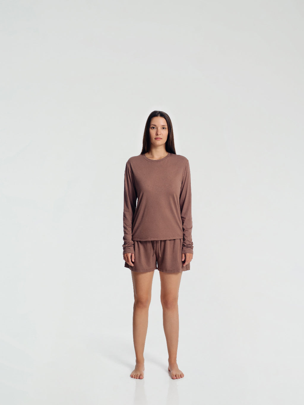 Long Sleeve Crewneck T-Shirt Pajamas Set with Built-in Bra