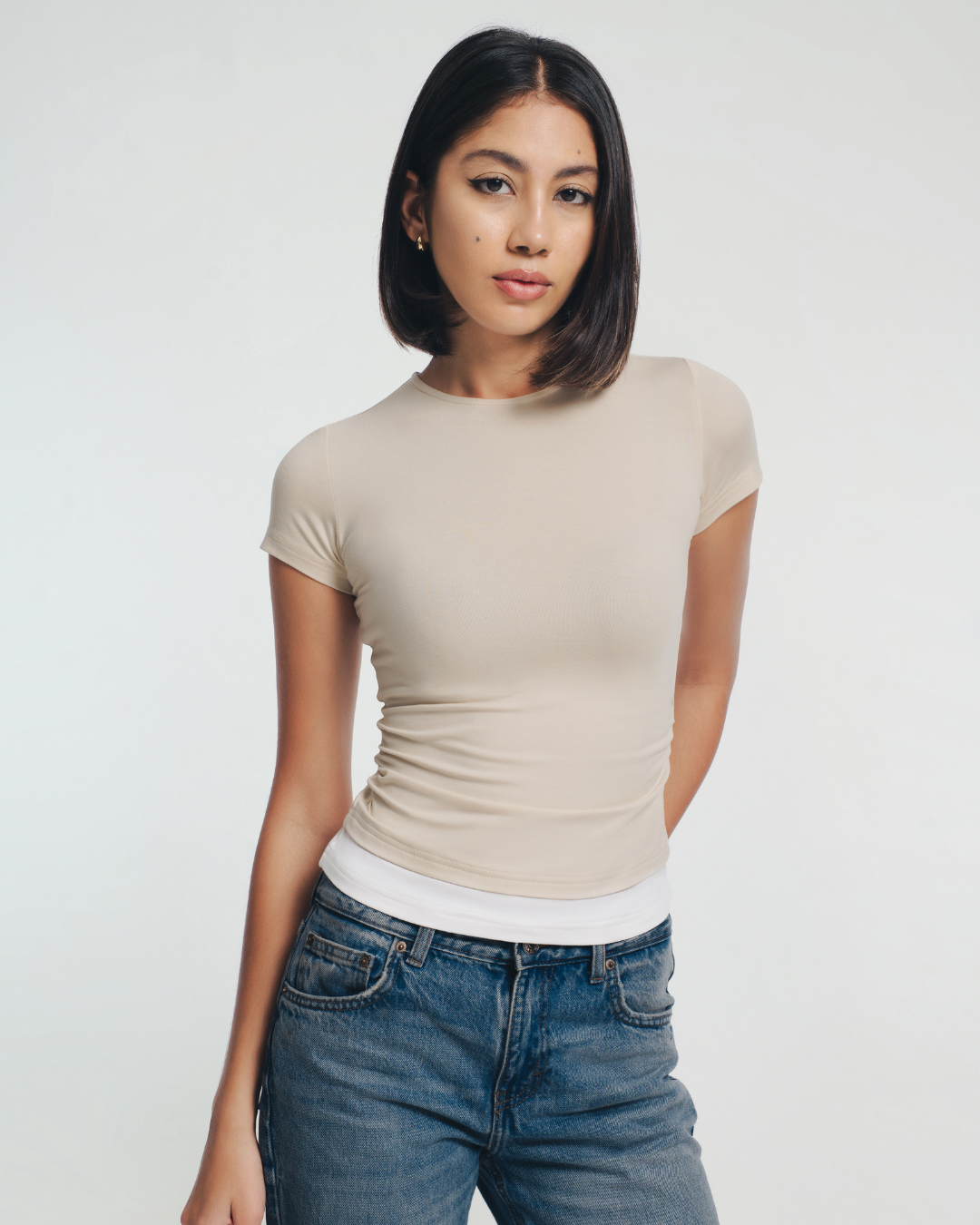 Demi White Trim Ruched T-Shirt