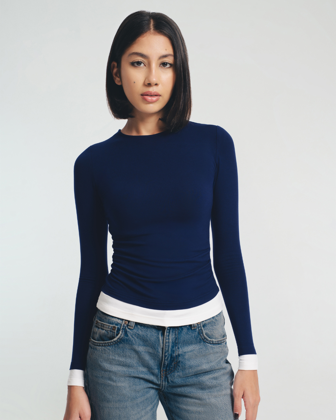 Darcy White Trim Ruched Long Sleeve Top
