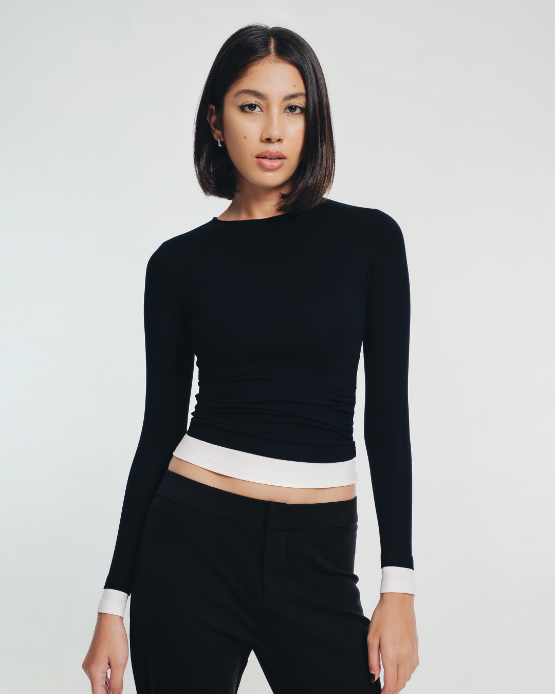 Darcy White Trim Ruched Long Sleeve Top
