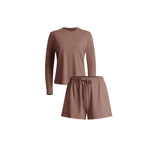 Long Sleeve Crewneck T-Shirt Pajamas Set with Built-in Bra